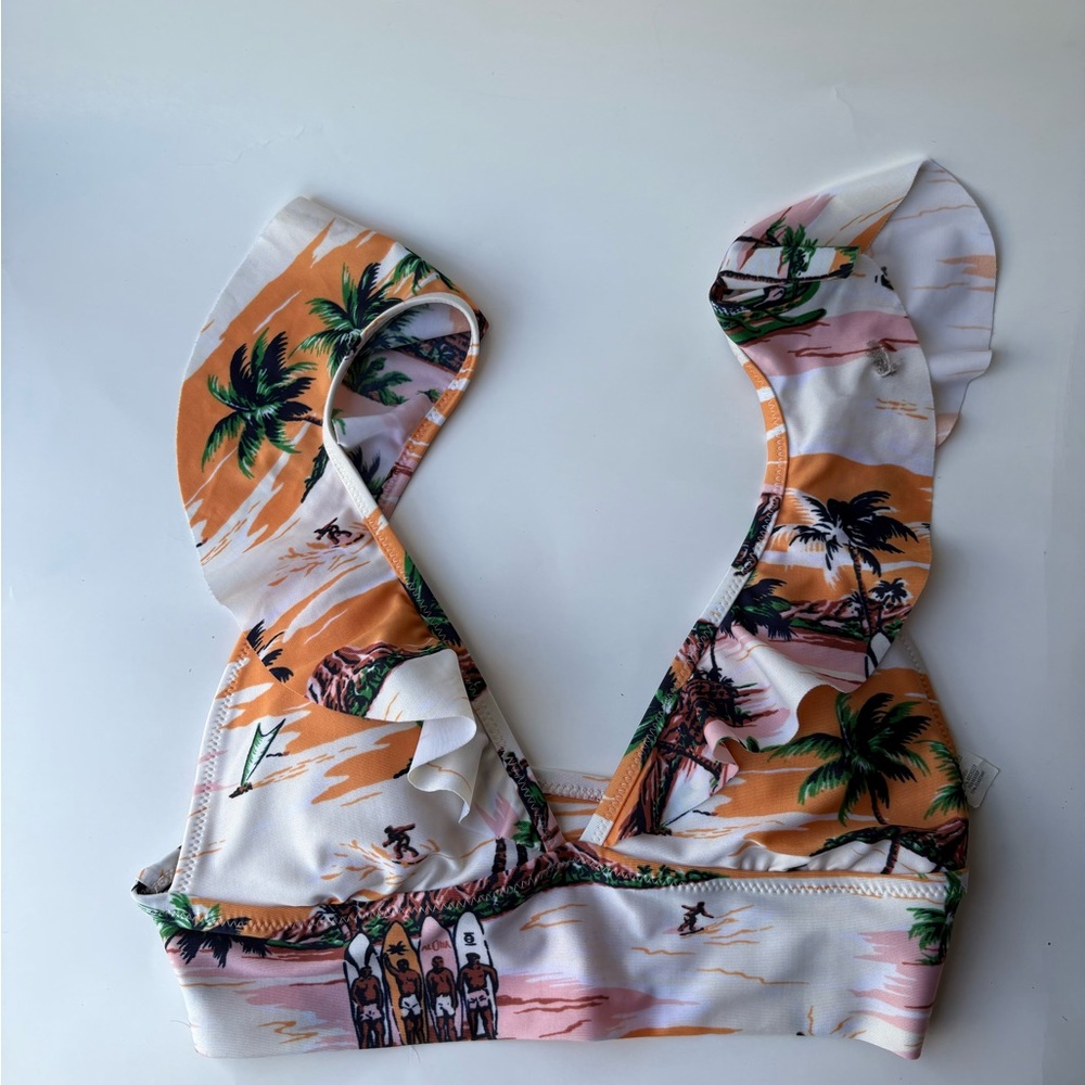 aerie Floral Trim Bikini Top Tropical Orange, White, Green Top Small